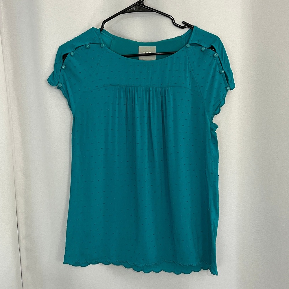 Maeve Anthropologie Teal Swiss Dot Cap Sleeve Scalloped Hem Top Sz 0 Blouse Boho - Picture 2 of 9
